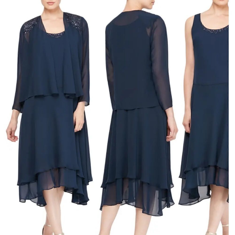 SLNY Beaded Detail Chiffon Tiered Scoop Neck Midi Dress Two Piece Set w/ Jacket